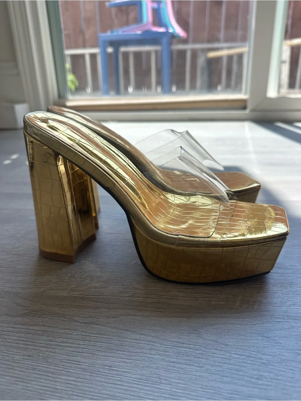 Gold Croc-Embossed Platform Slide Heels with Clear Strap